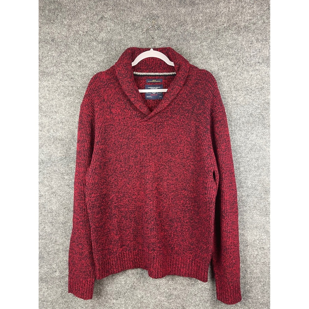 American Eagle Sweater Mens L Red Black Excellent Athletic Fit Shawl Collar Wool